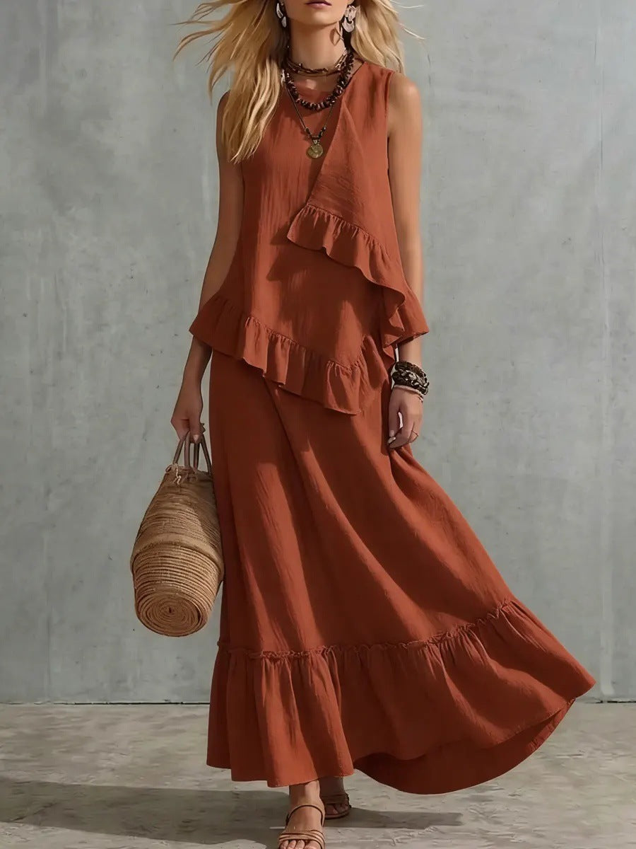Women'S Sleeveless Round Neck Solid Color Cotton And Linen Dress