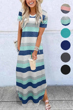 Women's Plain Pocket Round Neck Curved Hem Jersey Tee Dress Style