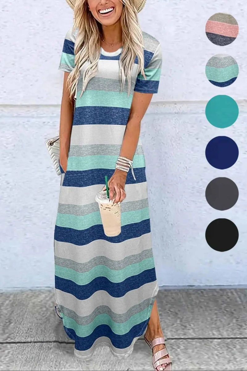 Women's Plain Pocket Round Neck Curved Hem Jersey Tee Dress Style