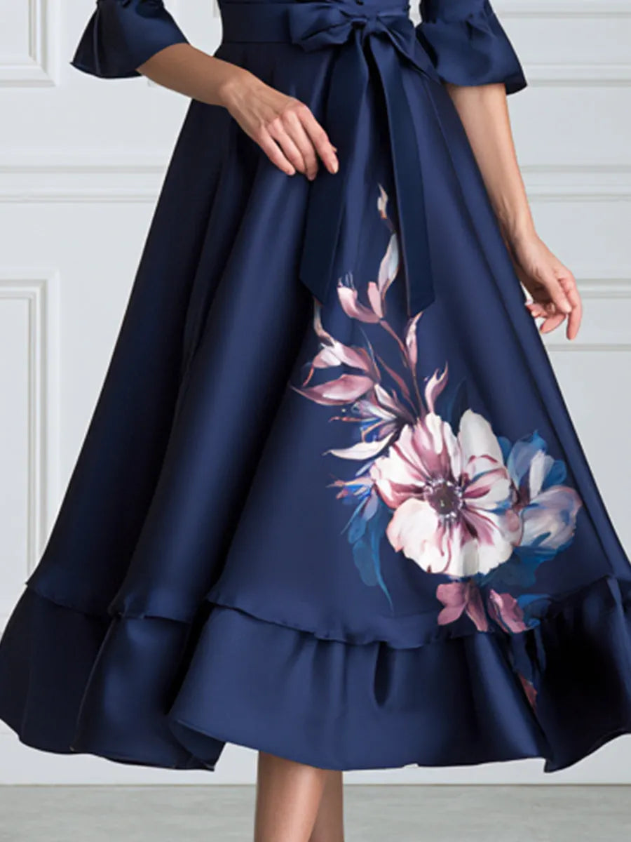 Floral Wrap-Style Ruffle Hem Satin Midi Dress