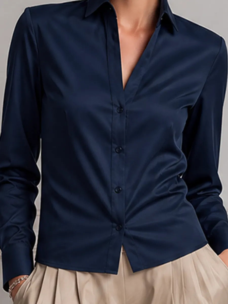 Navy Satin Point Collar Button Front Blouse