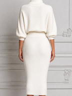 White Dress Stockholm Style Ribbed Knit Turtleneck Pencil Midi Dress