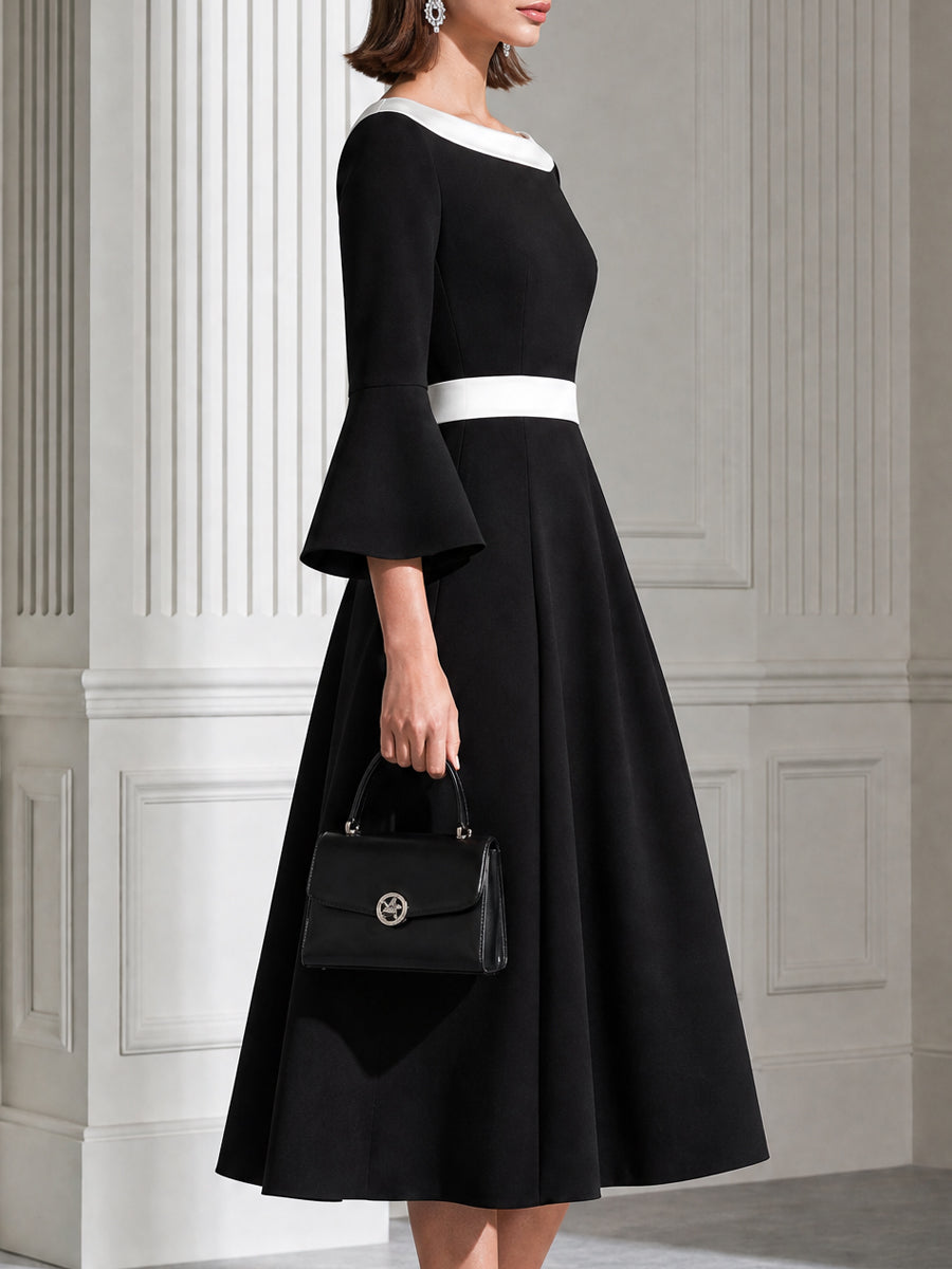 Color-Block Bateau Neck Bell Sleeve A-Line Midi Dress