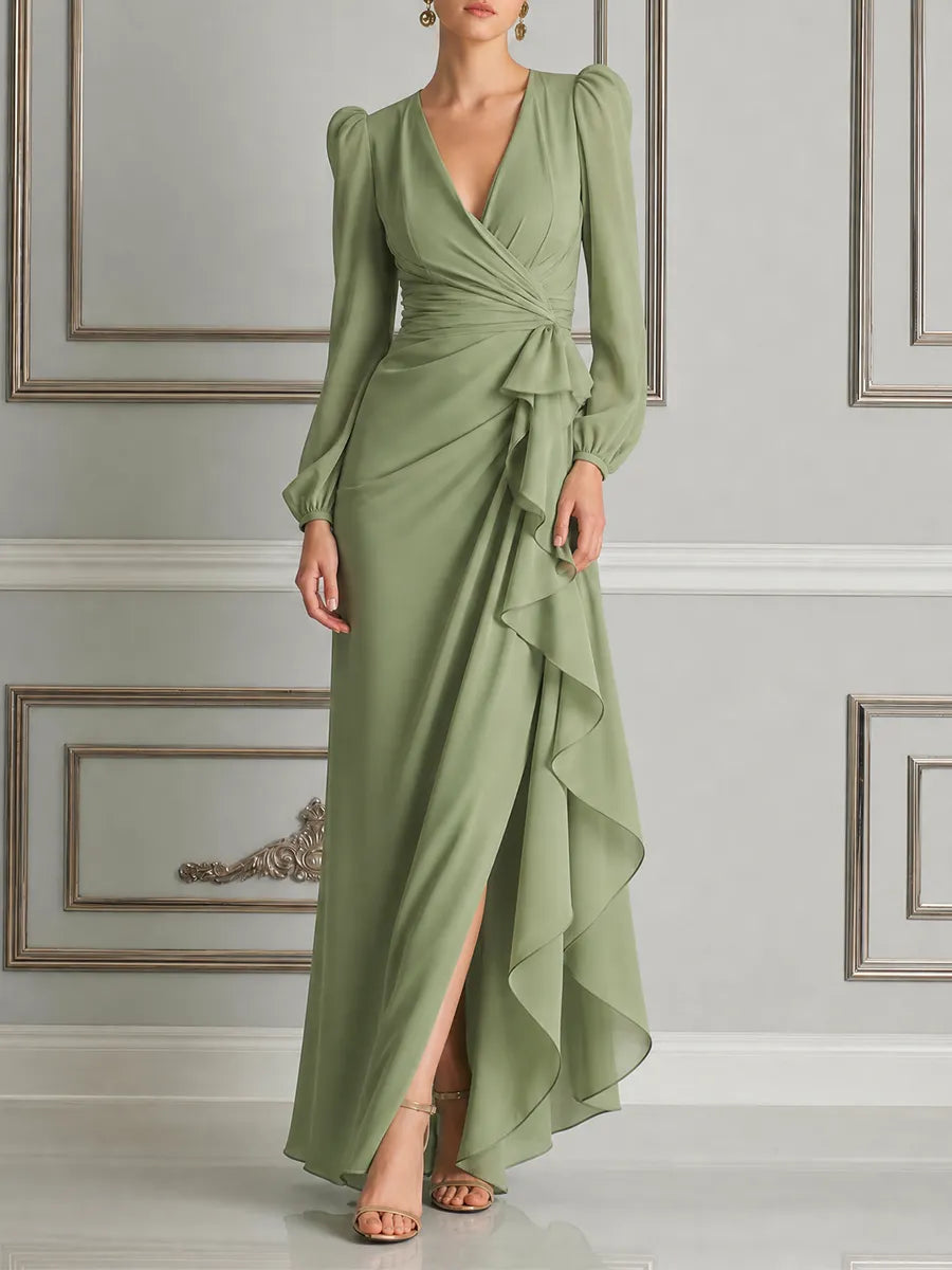 Green Dress Fall Wedding Guest Dress Wrap Ruffle Slit Maxi Dress