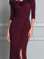 Burgundy Red Dress Fall Wedding Guest Dress Floral Off Shoulder Slit Maxi Dress