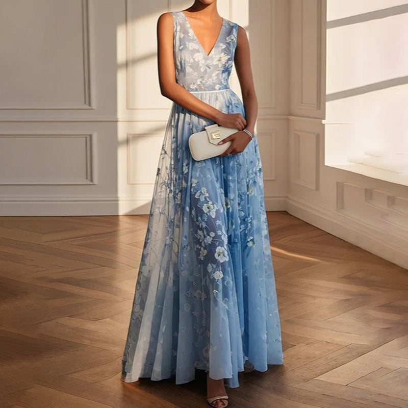 Elegant Chiffon Floral Print Sleeveless Dress
