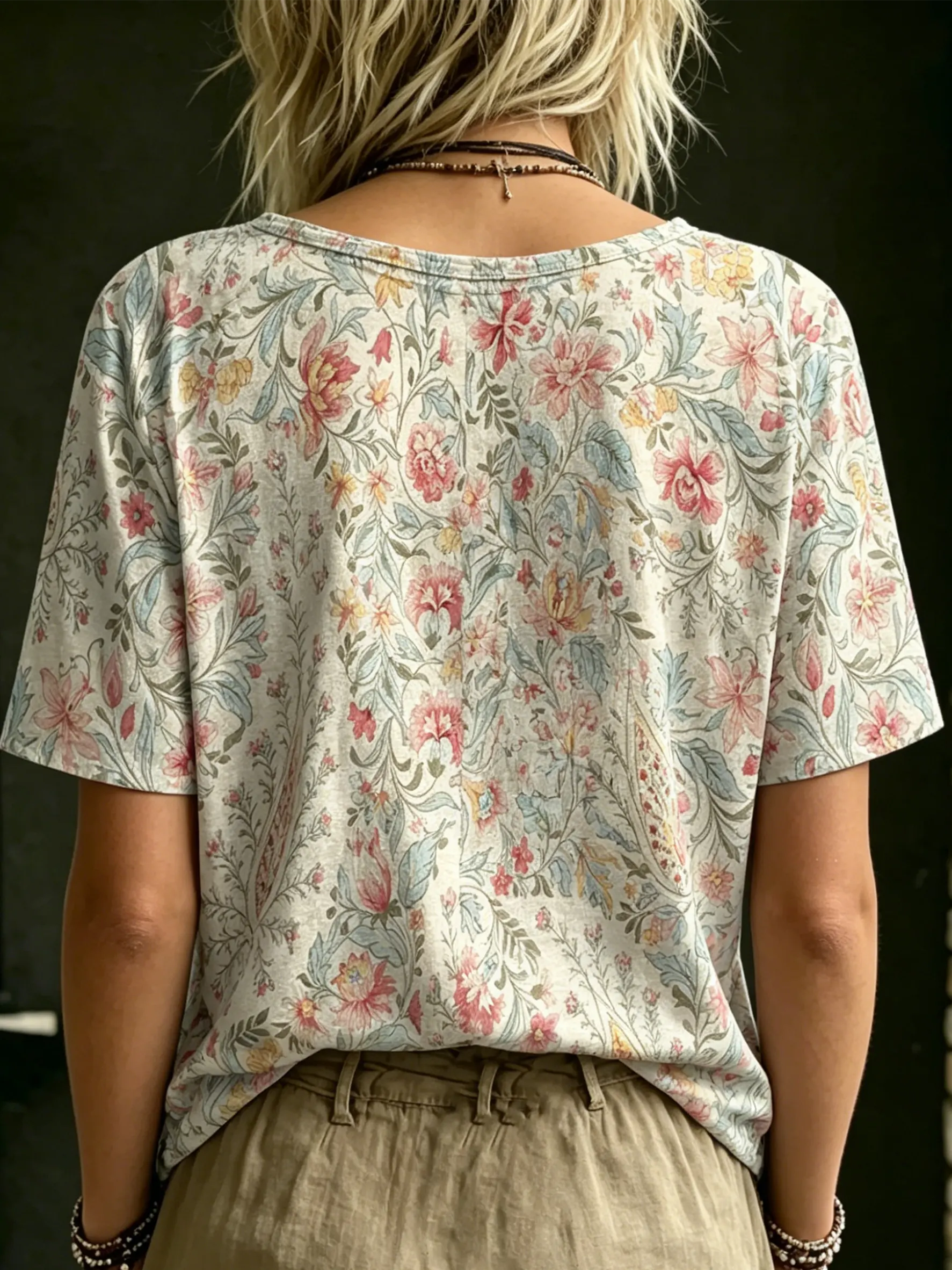 Women's Vintage Paisley Floral Art Printed Casual Round Neck Short Sleeve Cotton T-shirt