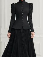 Black Stand Collar Puff Shoulder Tailored Jacket & Pleated Maxi Skirt Two-Piece Set