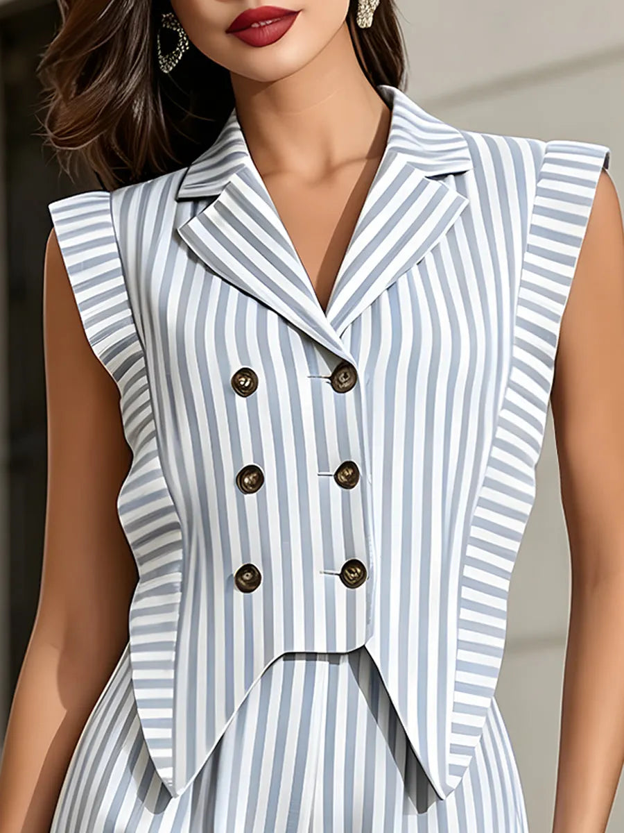 Striped Double-Breasted Tailored Vest And Shorts Set
