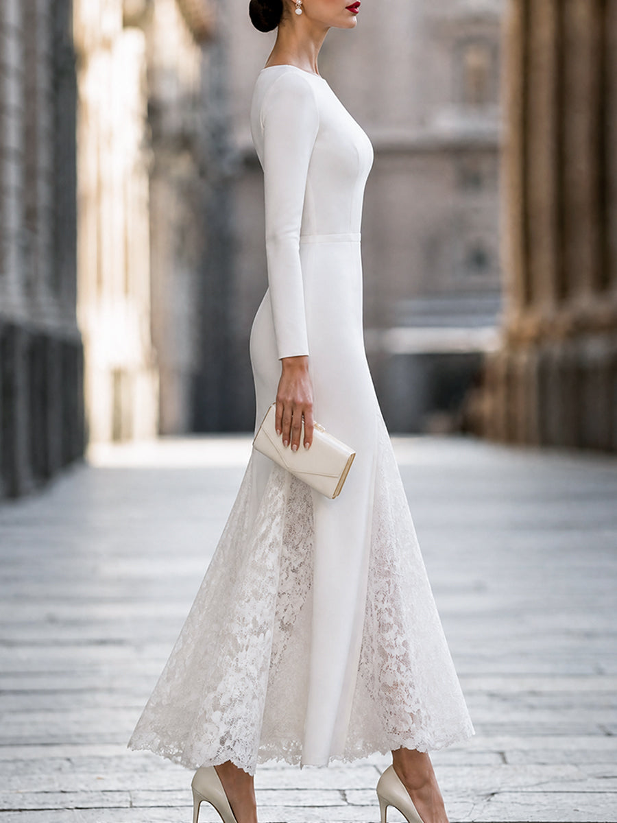 Elegant Long Sleeve Lace Splicing Mermaid Maxi Dress