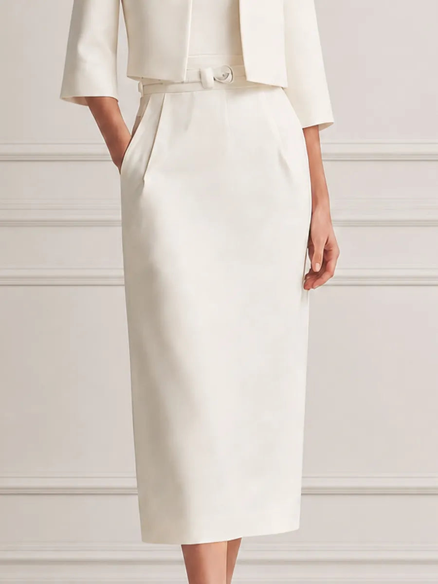 Ivory Collarless Cropped Jacket & Belted Pencil Midi Dress Two-Piece Suit Set