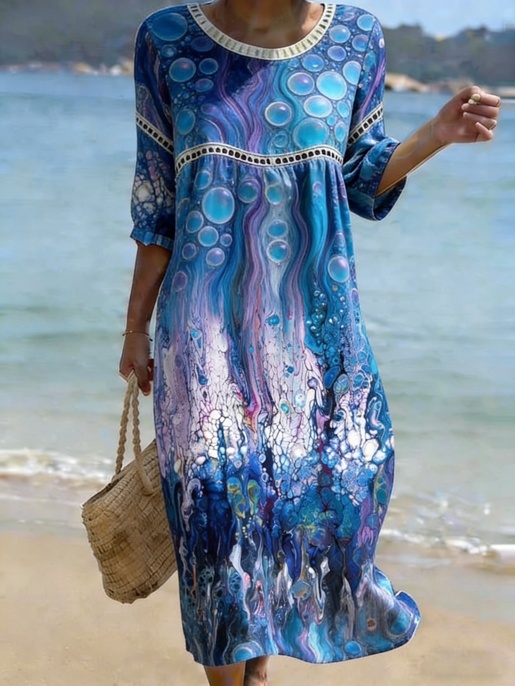 Women's Abstract Textured Print Crew Neck Cotton Pocket Dress