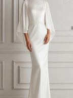 White Dress Sheer Cape Sleeve Column Maxi Dress