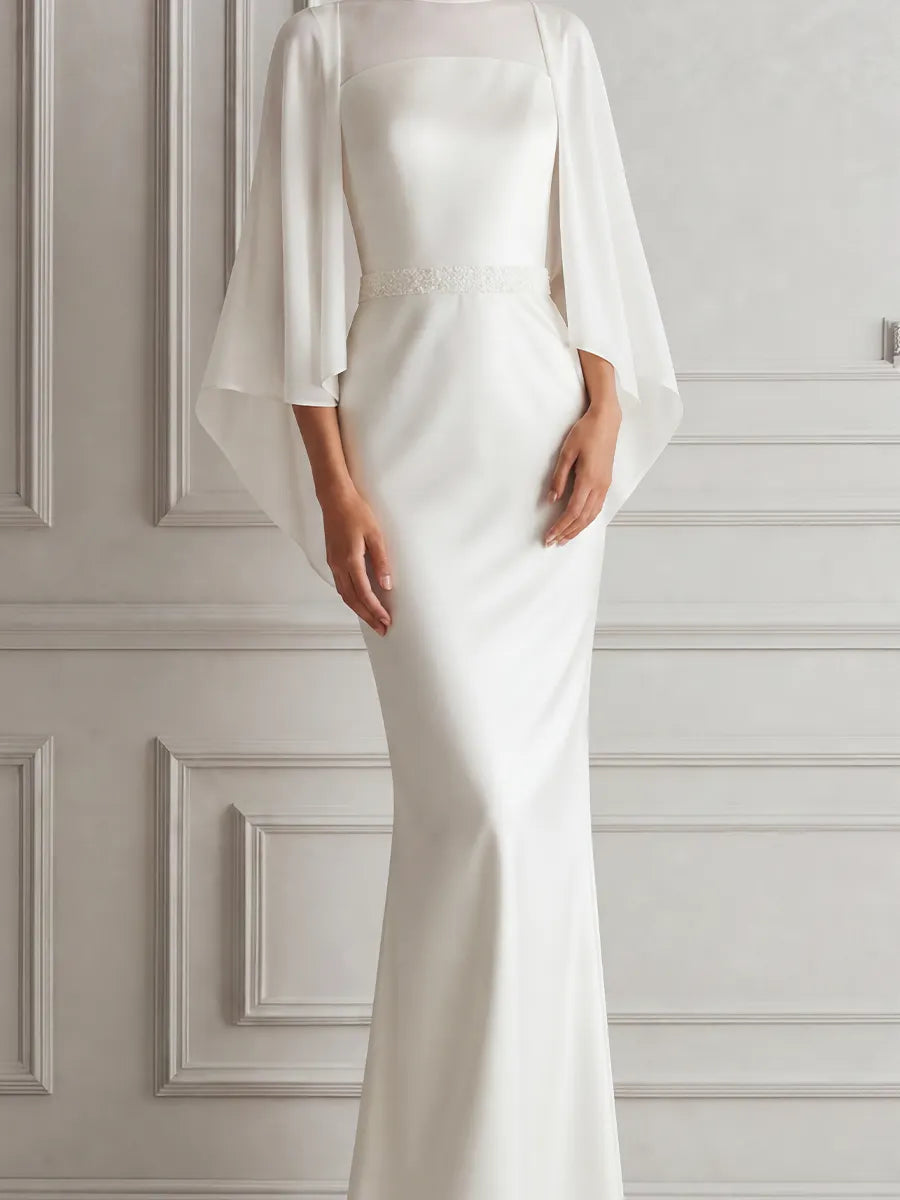 White Dress Sheer Cape Sleeve Column Maxi Dress