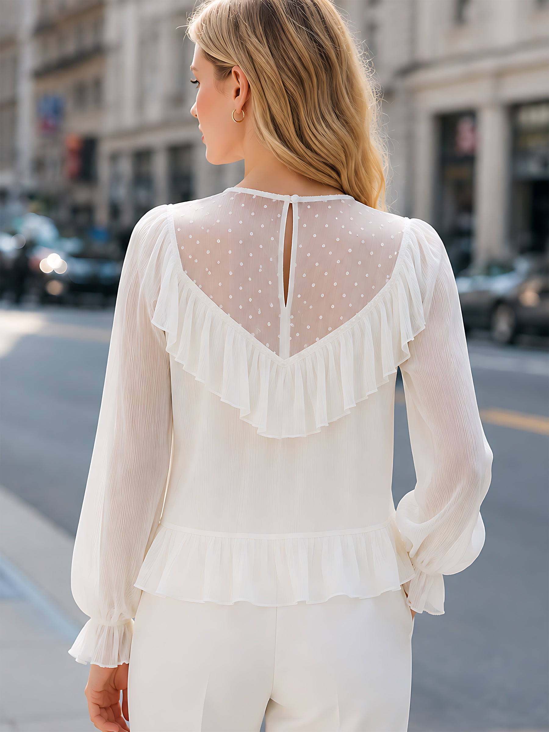 Dot-Jacquard Chiffon Ruffle Blouse