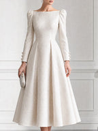 Elegant Jacquard Boat Neck Pearl Button Cuffs Dress