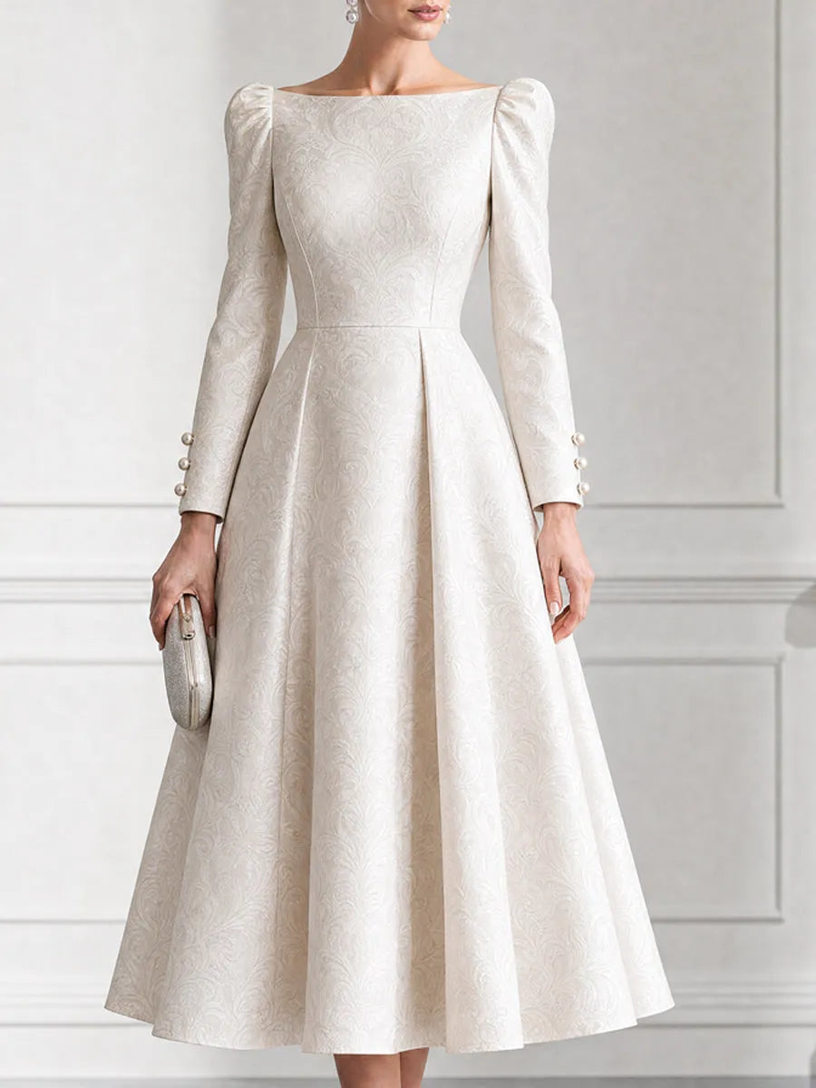 Elegant Jacquard Boat Neck Pearl Button Cuffs Dress