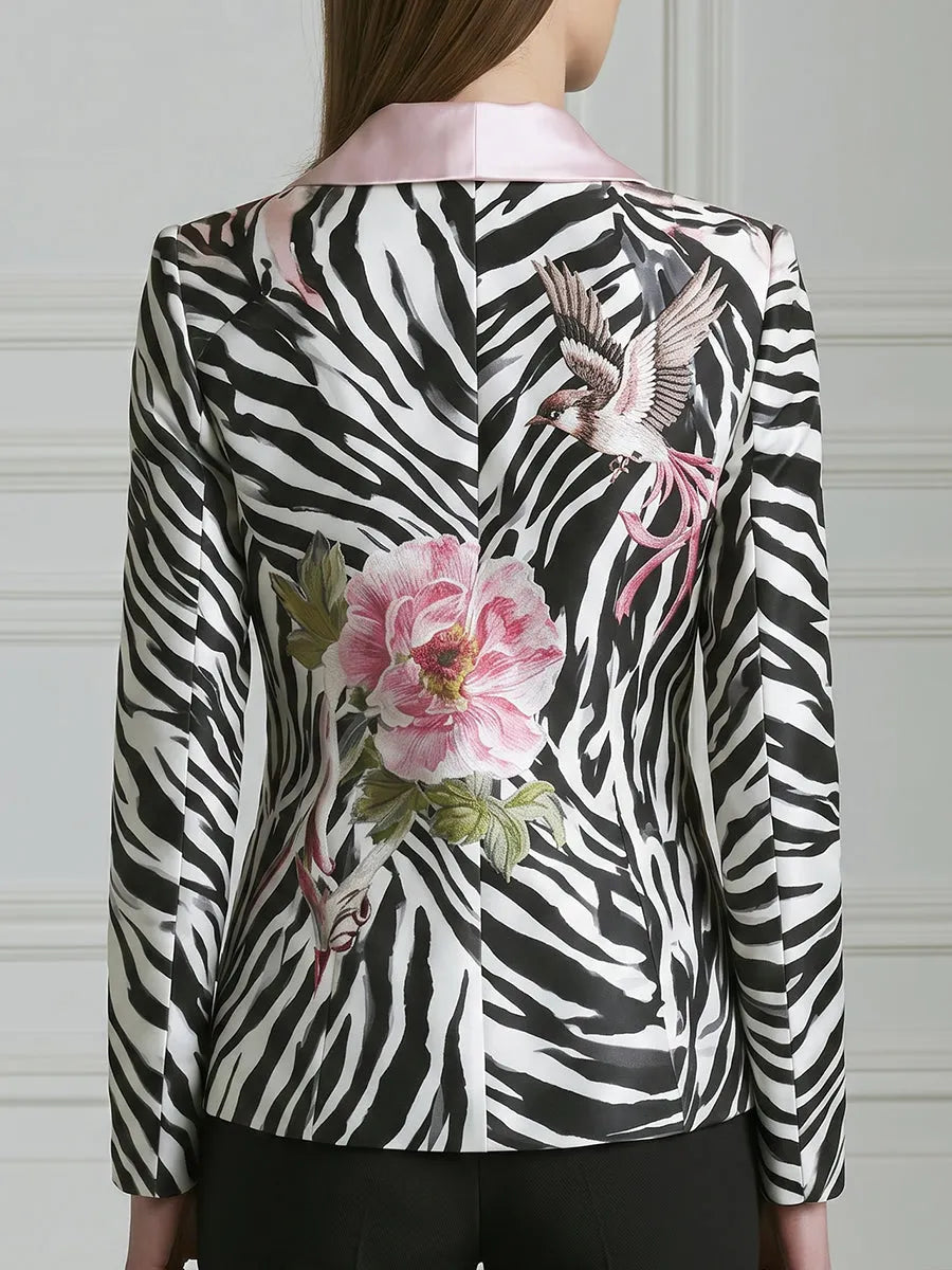 Floral Zebra Print Contrast-Lapel Tailored Blazer