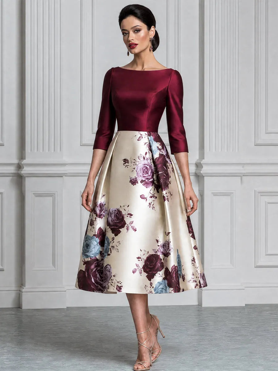 Burgundy Satin Bodice Floral Print A-Line Midi Dress