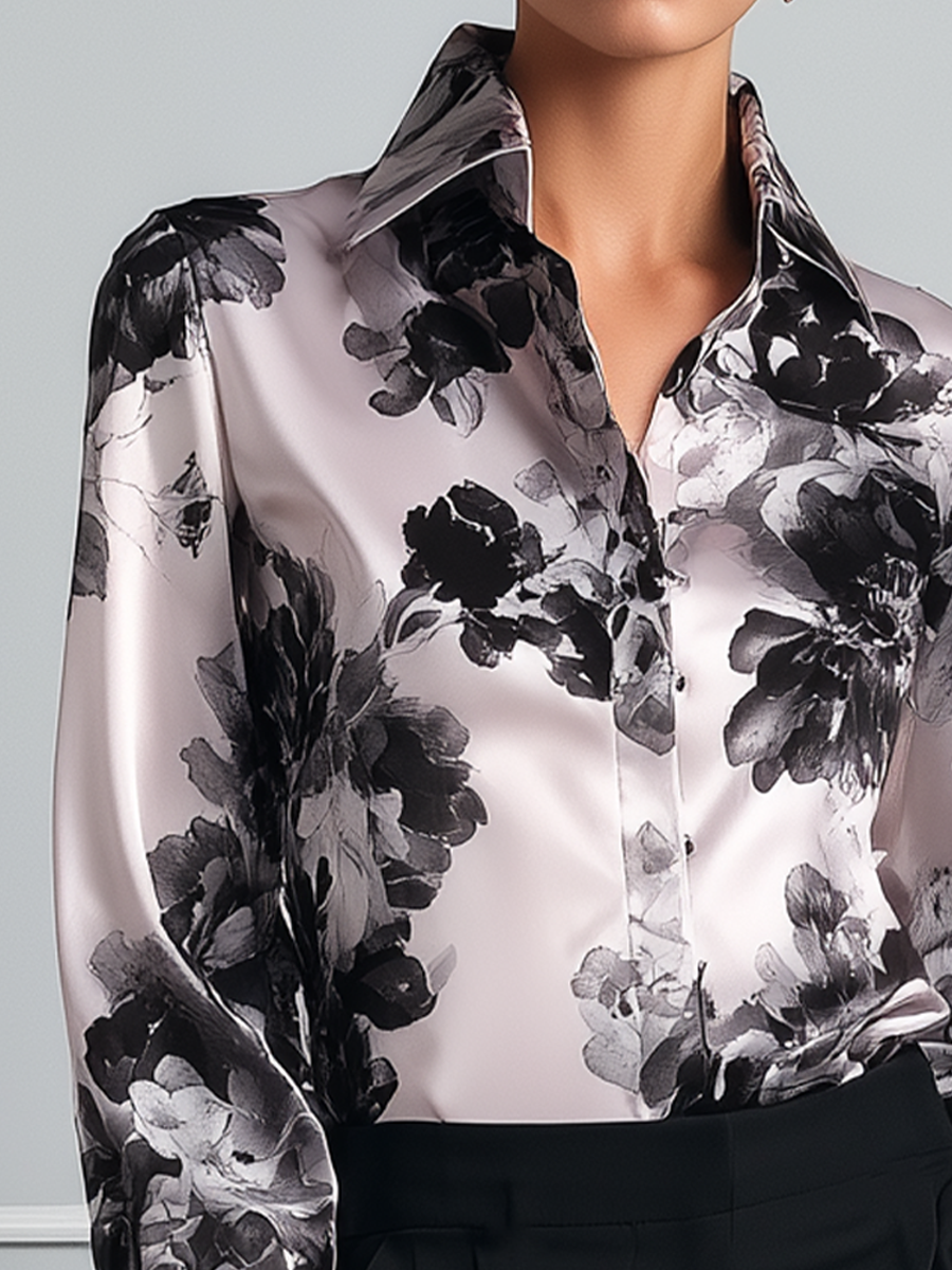 Ivory Black Floral Satin Button Front Blouse