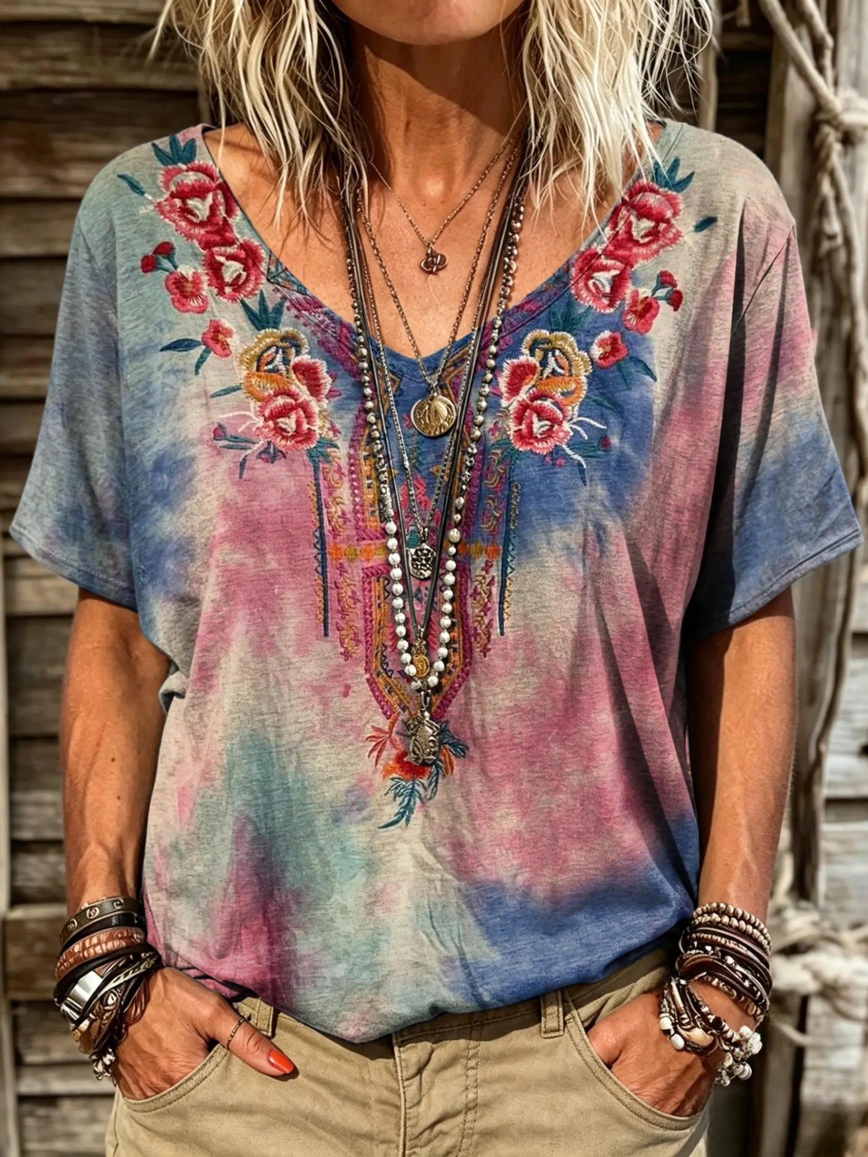 Women's Tie Dye Gradient Rose Floral V-Neck Short Sleeve Blouse