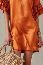 Elegant Rust Satin Ruffle-Sleeve Mini Dress