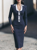 Contrast Collar Pinstripe Midi Dress