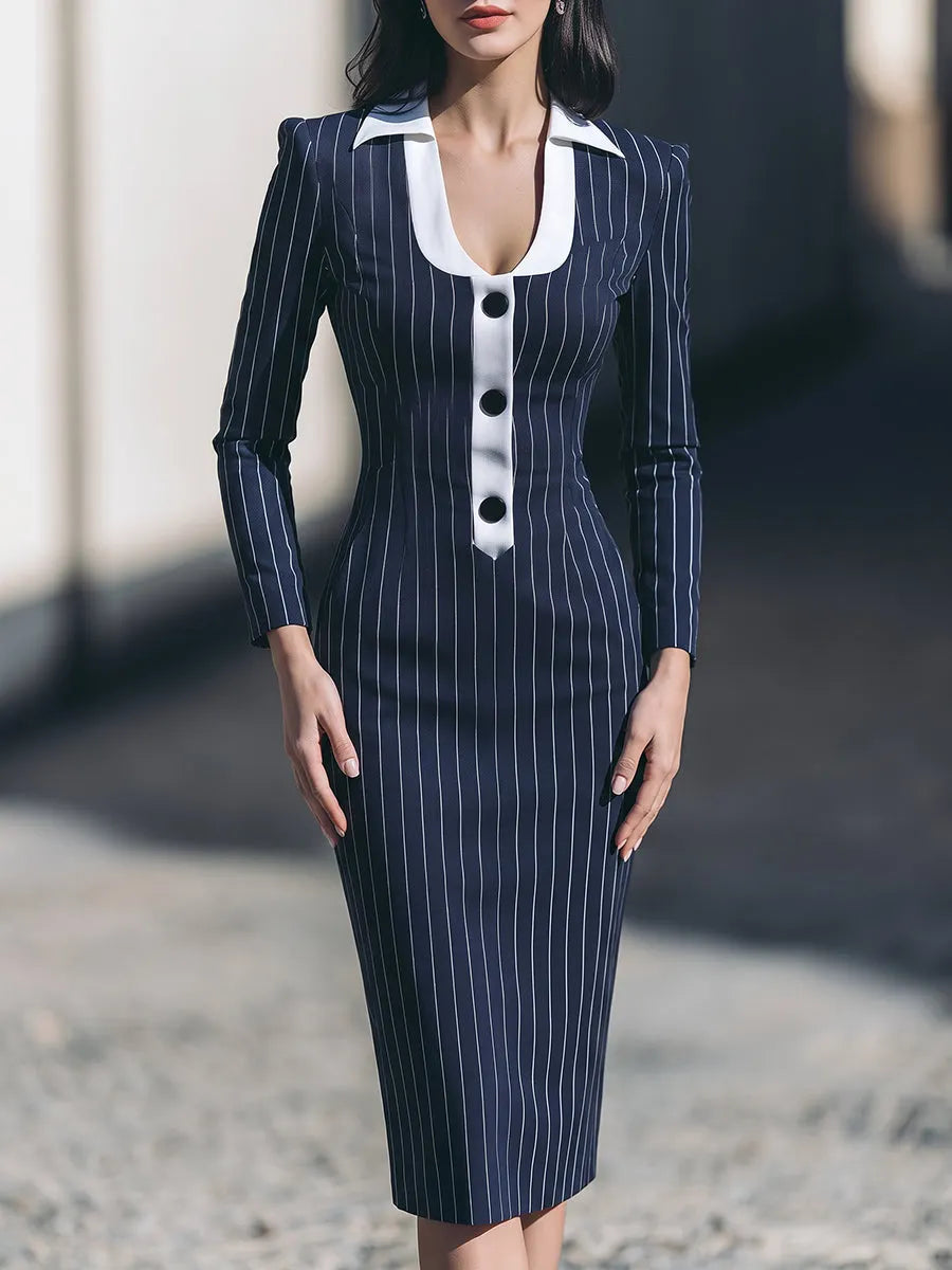 Contrast Collar Pinstripe Midi Dress