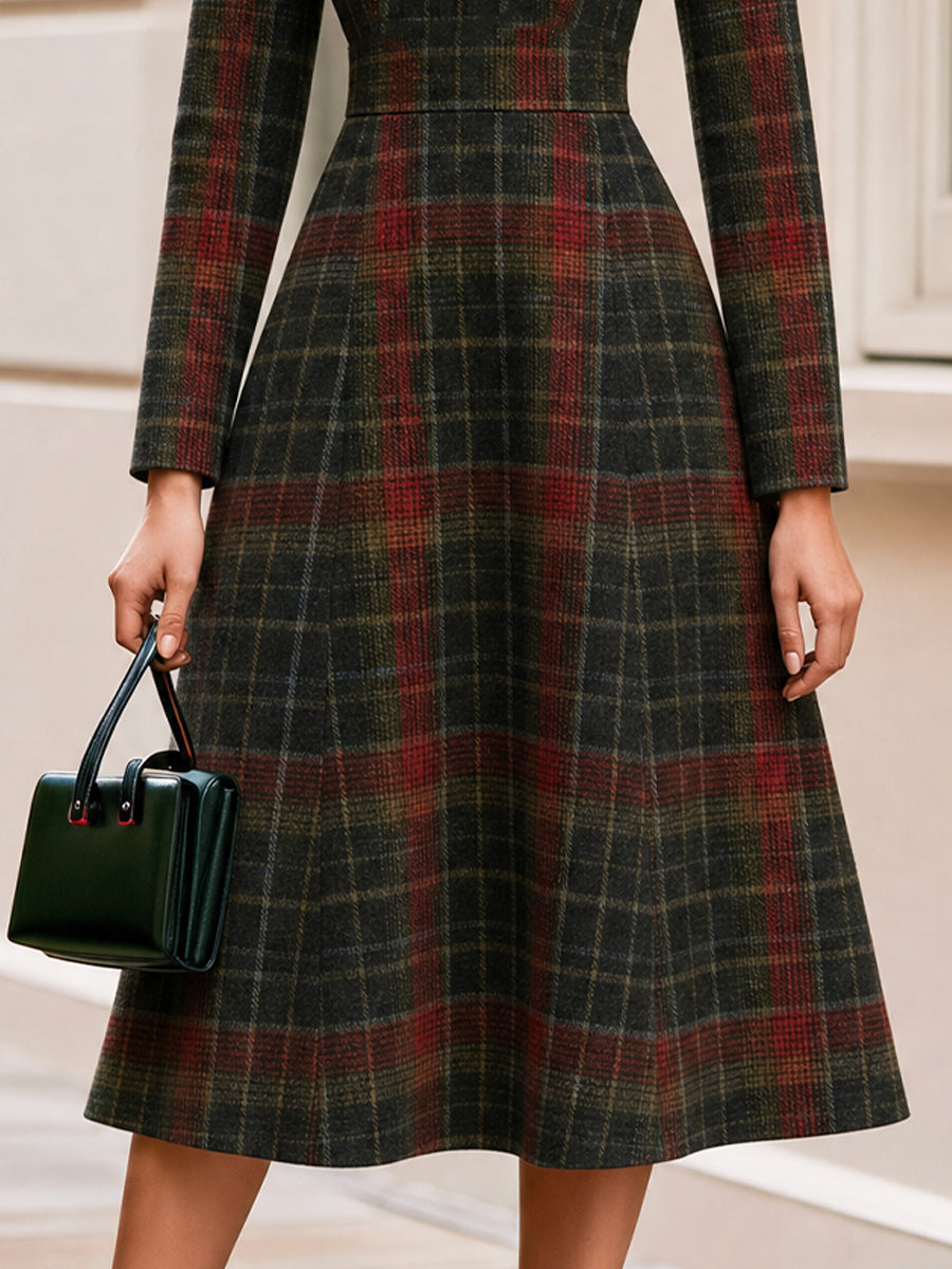 High Neck Long Sleeve Fit & Flare Wool Blend Midi Dress