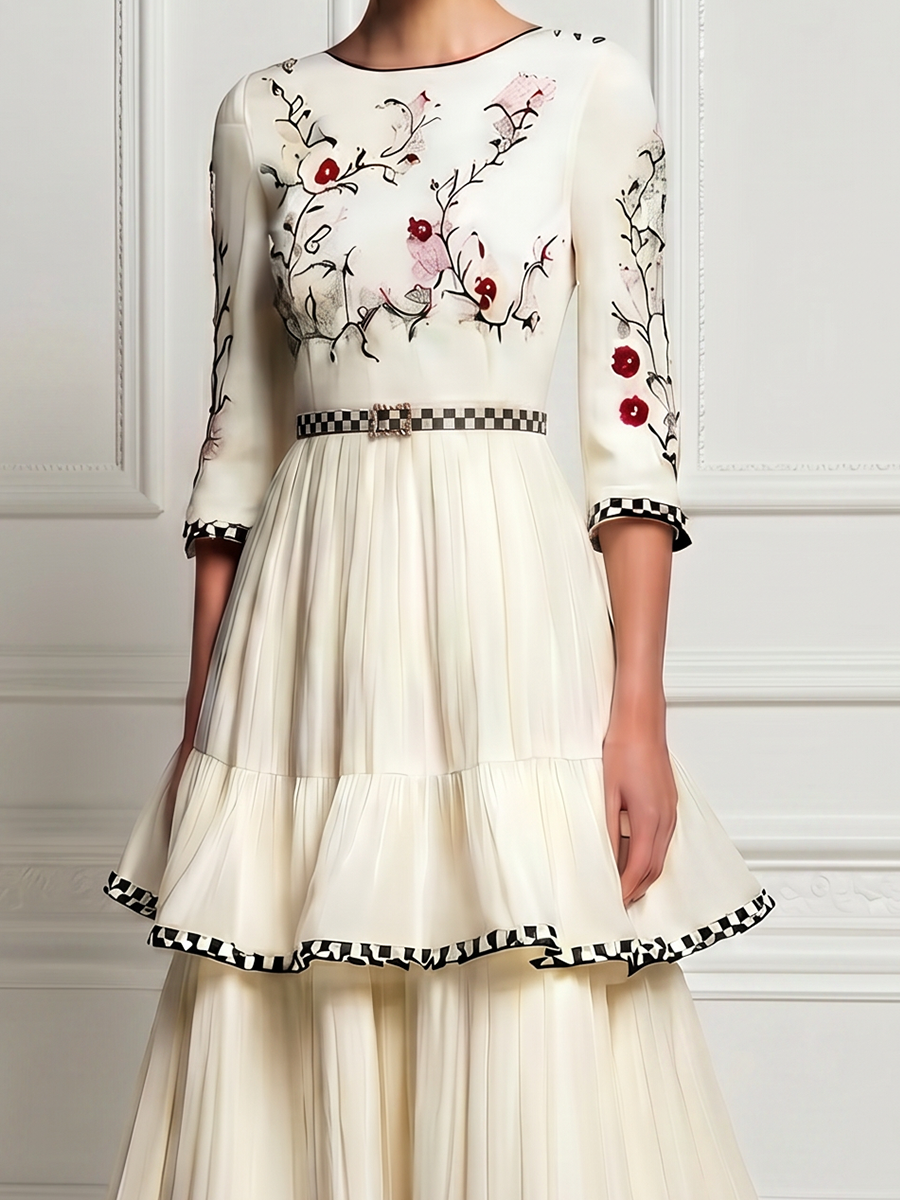 White Crew-Neck Floral Embroidered A-Line Maxi Dress With Tiered Ruffles