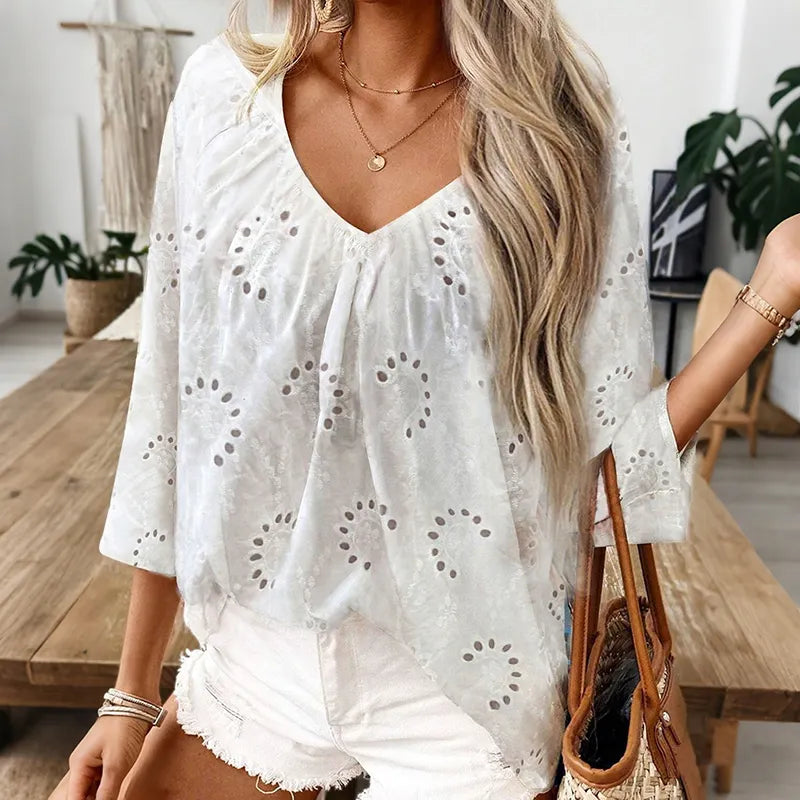 Women's Retro Lace Cotton And Linen Mid-length Sleeves V-neck Top