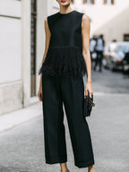 Black Fringe Trim Sleeveless Top & Wide-Leg Pants Set