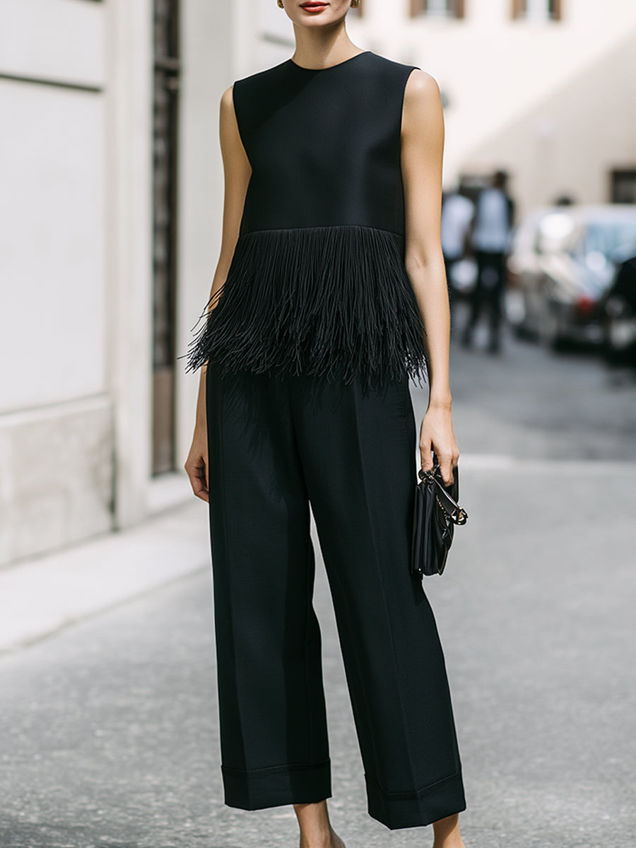 Black Fringe Trim Sleeveless Top & Wide-Leg Pants Set