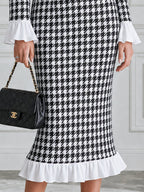 Houndstooth Contrast Collar Ruffle Flounce Cuffs & Hem Midi Dress