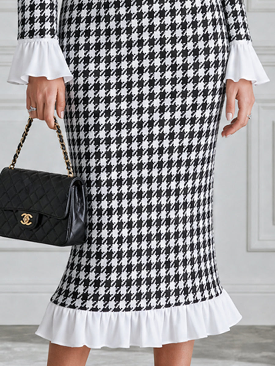 Houndstooth Contrast Collar Ruffle Flounce Cuffs & Hem Midi Dress