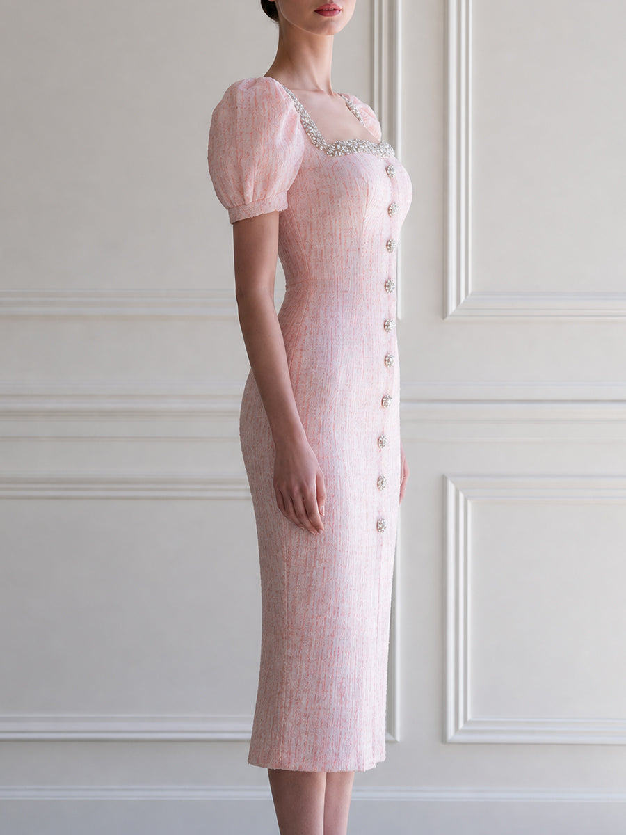 Tweed Puff Sleeve Crystal Embellished Bodycon Midi Dress