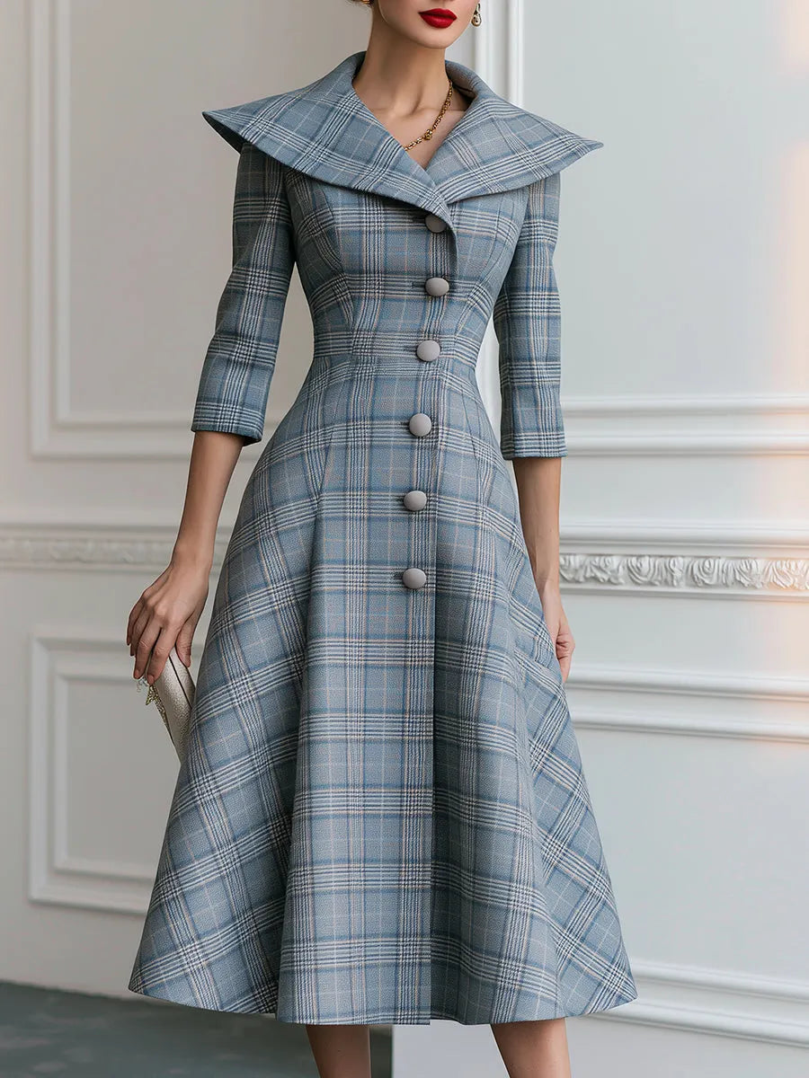 Plaid Portrait-Collar Button-Front A-Line Midi Dress