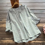 Vintage Flounce Plaid Cotton Linen Round Neck Comfy Shirt