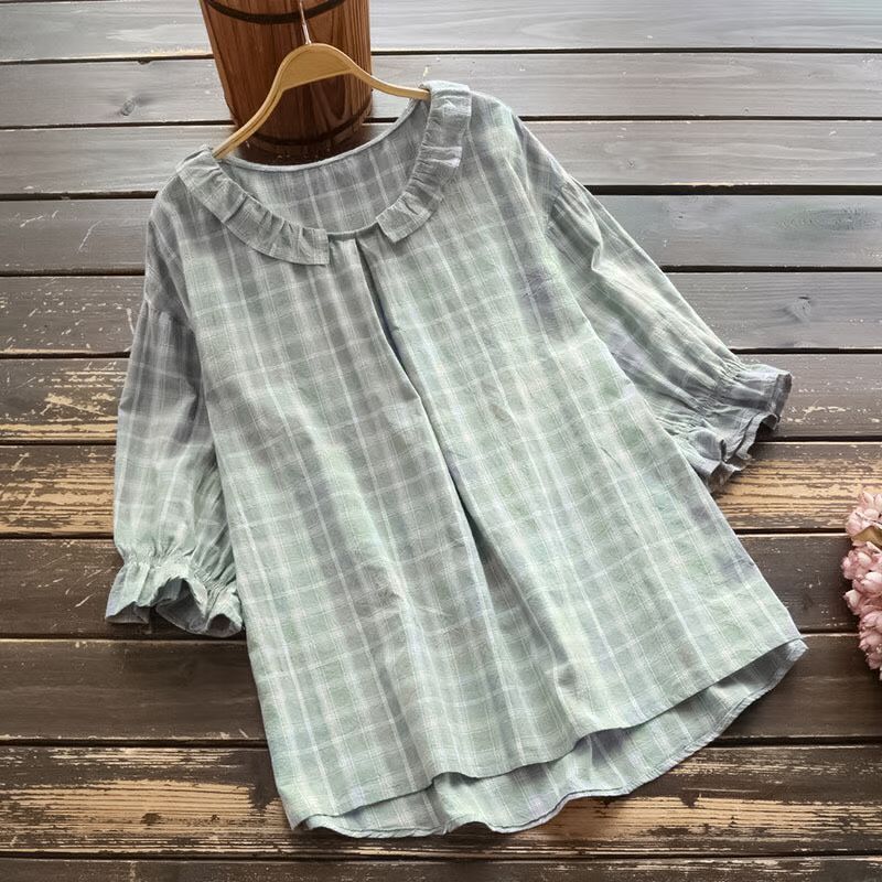 Vintage Flounce Plaid Cotton Linen Round Neck Comfy Shirt