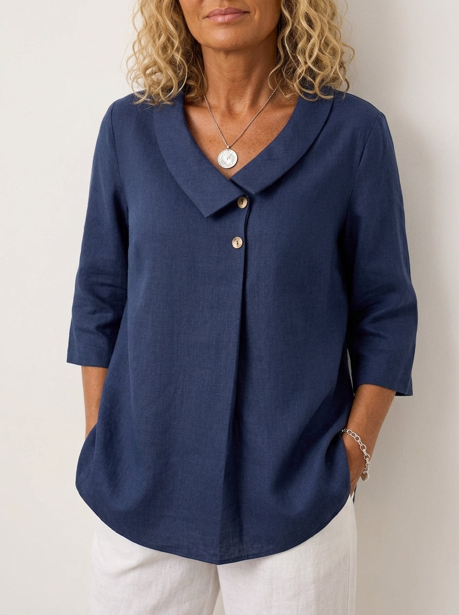 Women's Casual Linen Asymmetric Collar Inverted Pleat Top