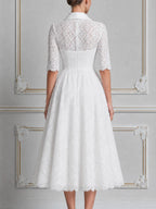White Lace Shawl Collar Button Front A-Line Midi Dress