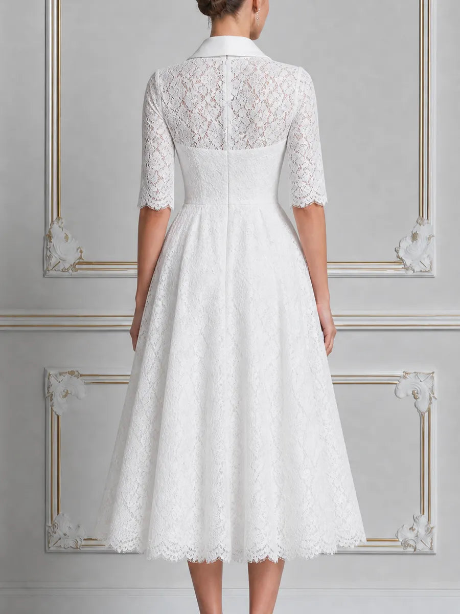 White Lace Shawl Collar Button Front A-Line Midi Dress