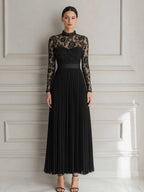 Elegant Floral Lace Pleated Chiffon Maxi Evening Dress