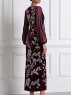 Silver Sequin Floral Sheer Stripe Sleeve Split-Neck Velvet Bodycon Maxi Dress