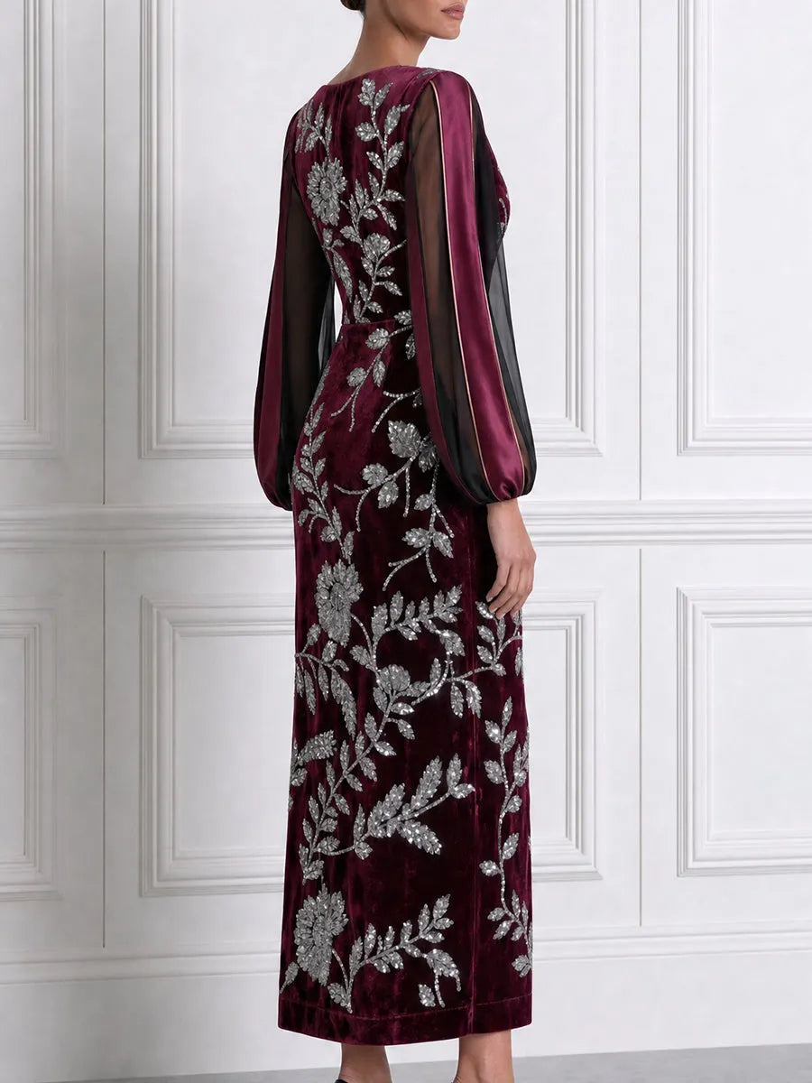 Silver Sequin Floral Sheer Stripe Sleeve Split-Neck Velvet Bodycon Maxi Dress
