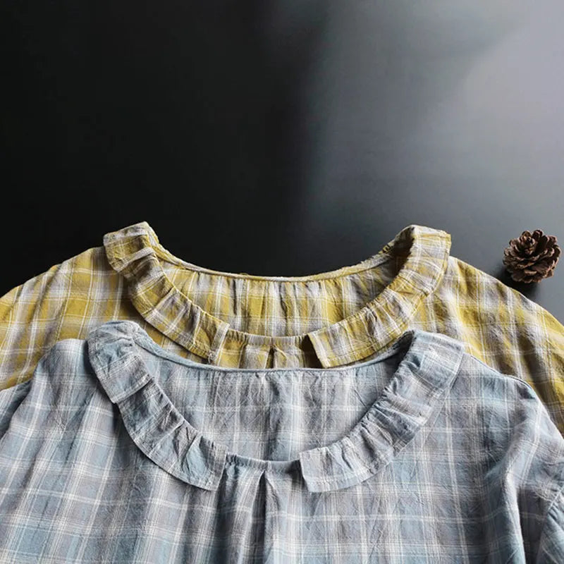Vintage Flounce Plaid Cotton Linen Round Neck Comfy Shirt
