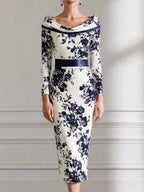 Elegant Navy Floral Printed Satin Sheath Midi Dress