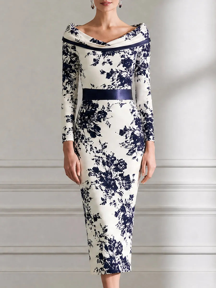 Elegant Navy Floral Printed Satin Sheath Midi Dress
