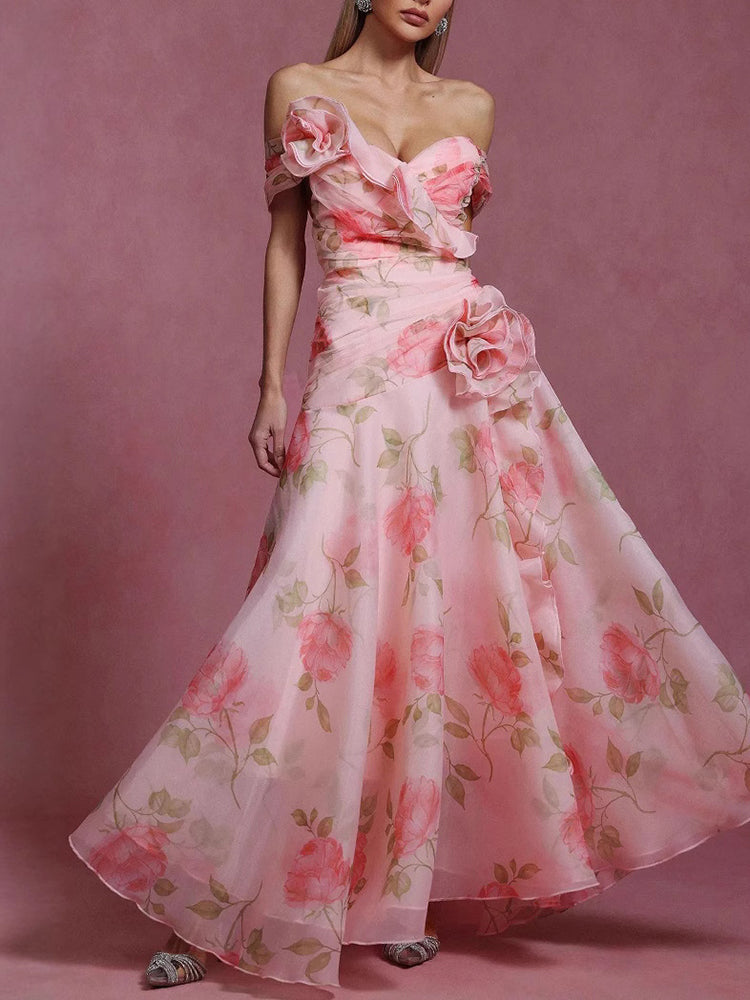 French Retro Floral Waist Casual Printed Off Shoulder Dress