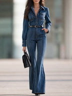 Denim Long Sleeve Flare Leg Jumpsuit With Belt